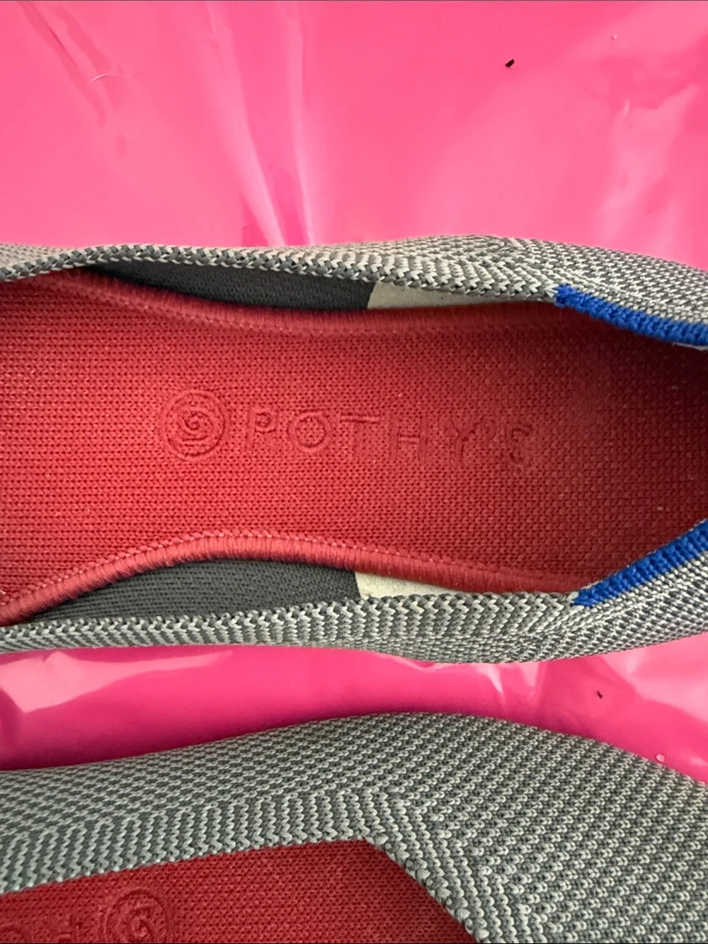 Rothy's Gray Slip-On Flats with Red Insole and Blue Heel Trim